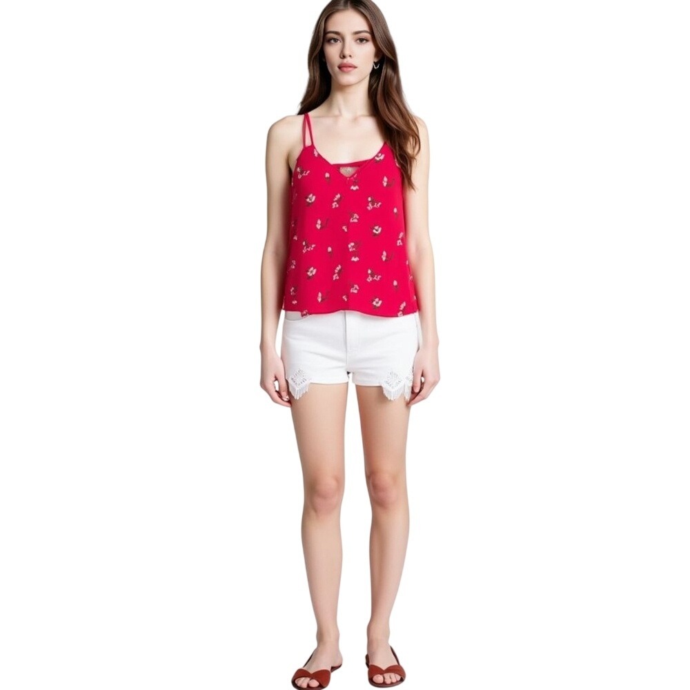 NWT Socialite Women's Floral Spaghetti Straps  Lace Trim Camisole Top Red Size S